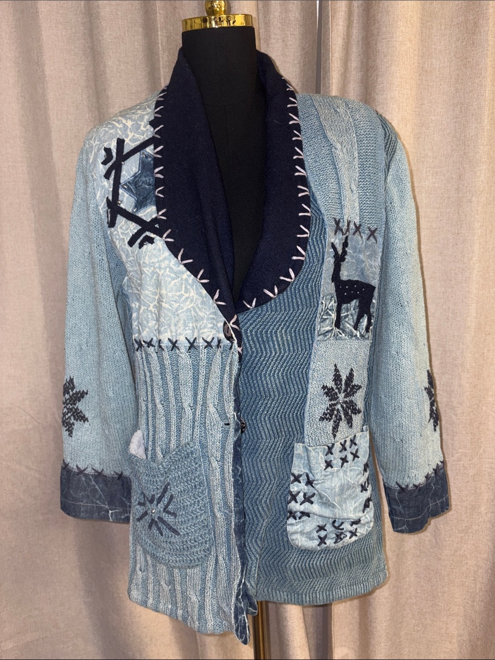 Patchwork Shawl Collar Blue Embroidered Women's Cardigan